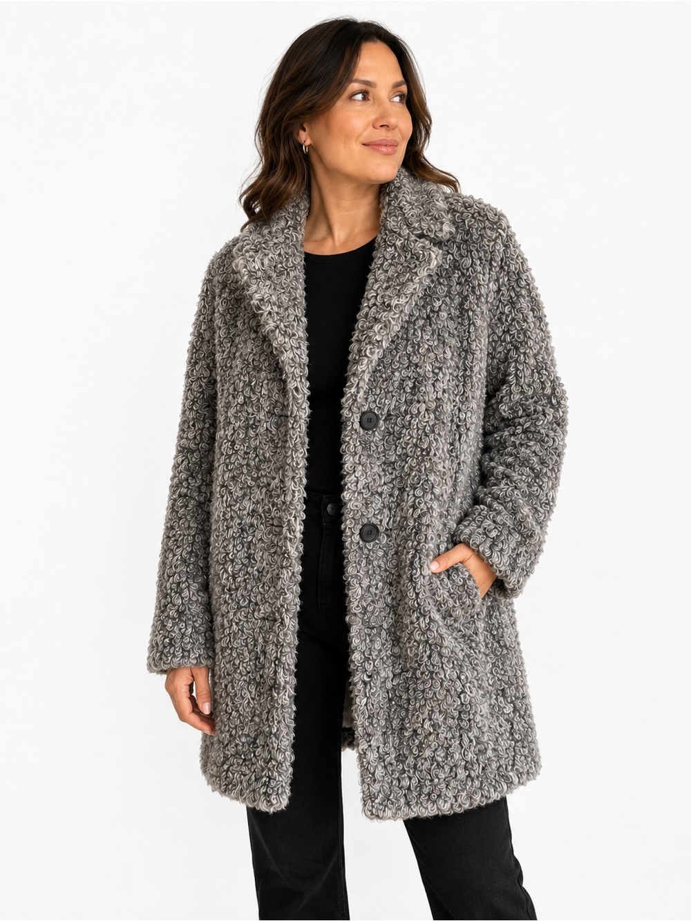 Zara Grey Marl Textured Faux Fur Astrakhan Bouclé Teddy Coat Size Medium